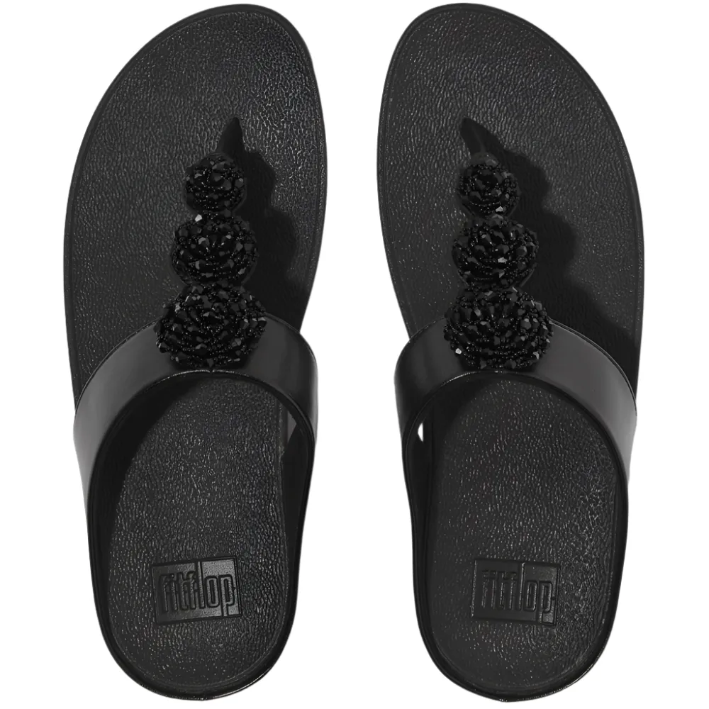 FitFlop Fino Beadie-Button Metallic Black Toe-Post Sandals