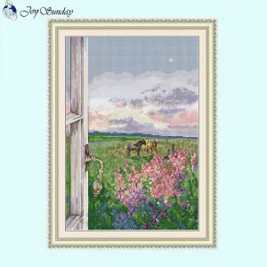 Flowers and Horses in the Window Cross Stitch Kits