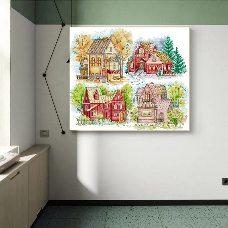 Four Seasons Colorful Cabin Pattern Cross Stitch HD Print Kit