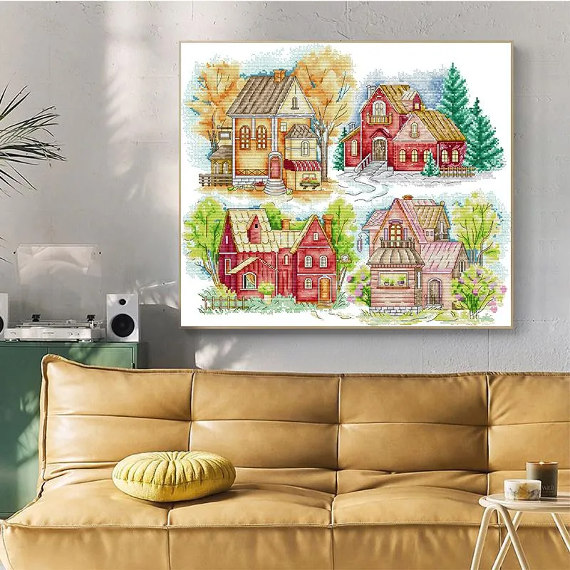 Four Seasons Colorful Cabin Pattern Cross Stitch HD Print Kit
