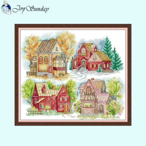 Four Seasons Colorful Cabin Pattern Cross Stitch HD Print Kit