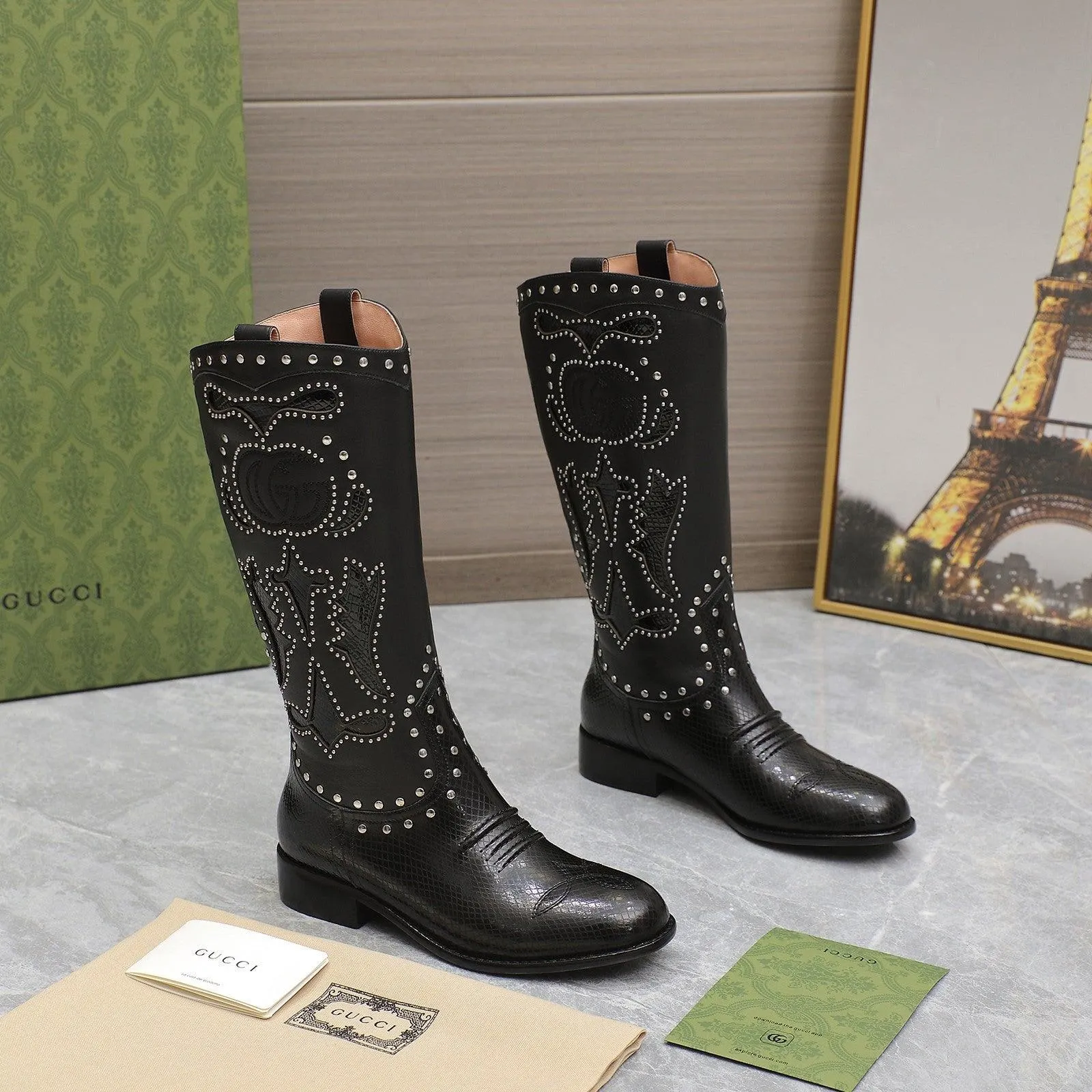 GG WOMEN'S BOOT WITH DOUBLE G AND STUDS BLACK