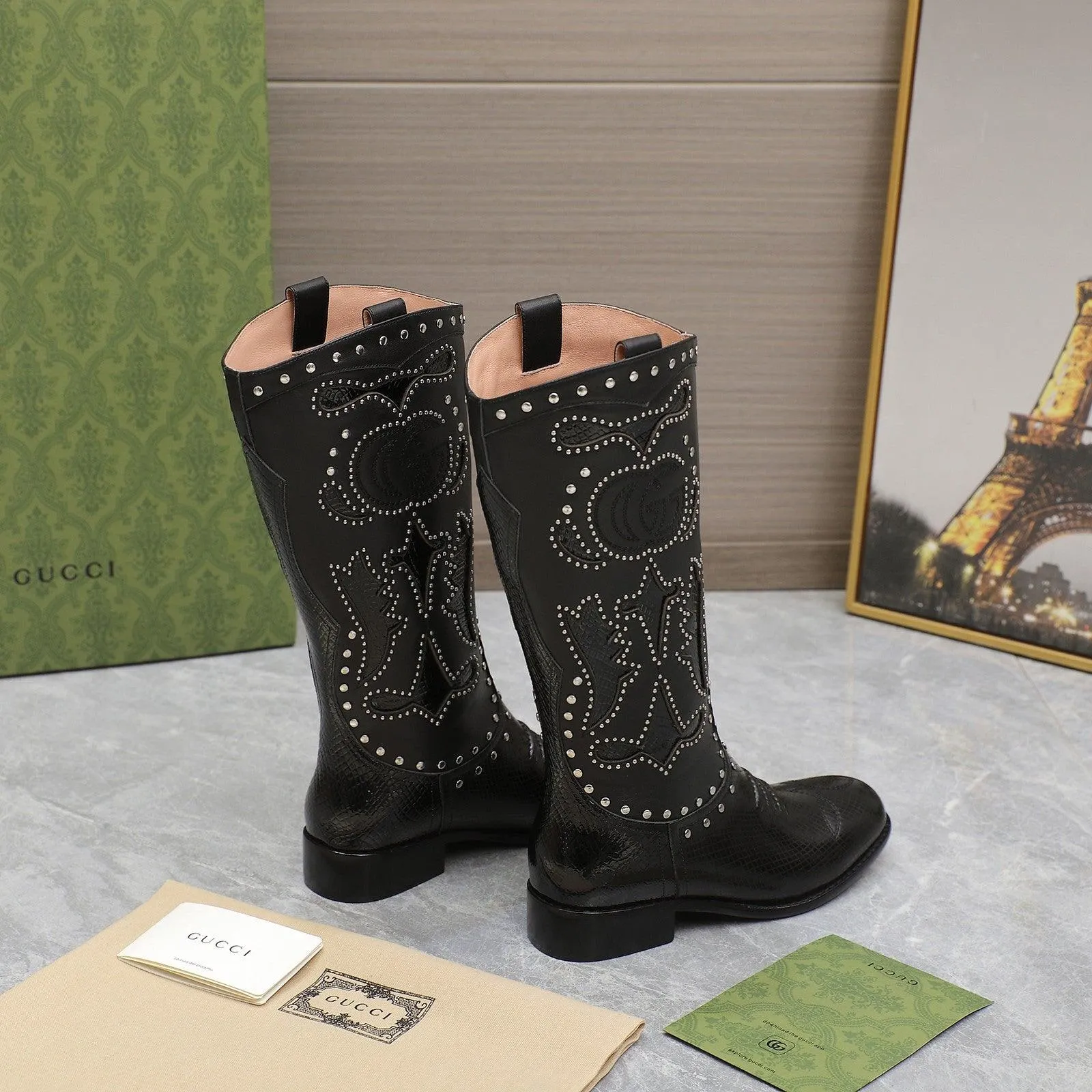 GG WOMEN'S BOOT WITH DOUBLE G AND STUDS BLACK
