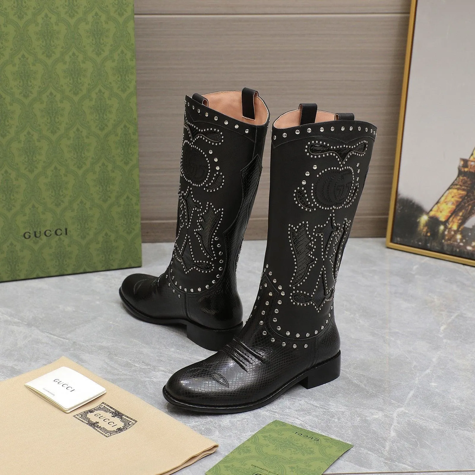 GG WOMEN'S BOOT WITH DOUBLE G AND STUDS BLACK