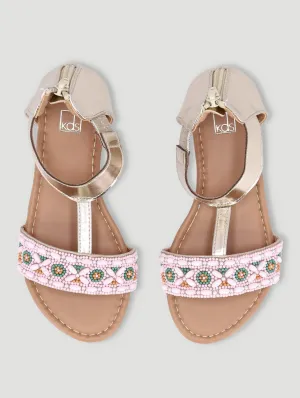 Girls T-Bar Beaded Sandal - Gold