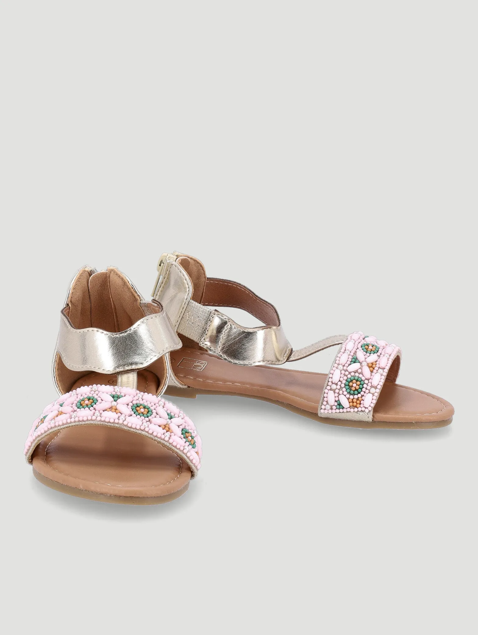 Girls T-Bar Beaded Sandal - Gold
