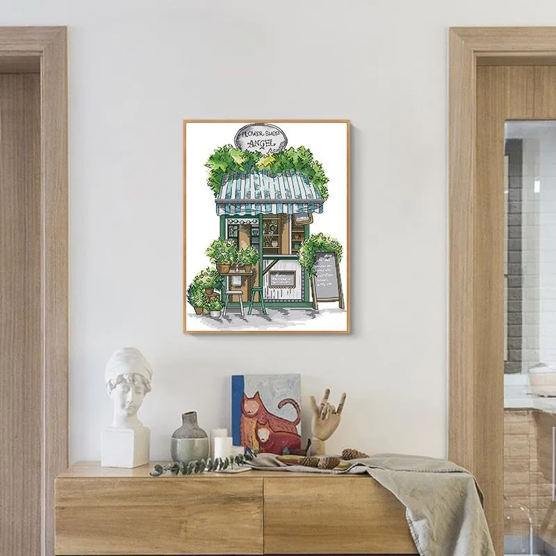 Green Flower Shop Scenery Pattern DIY Cross Stitch
