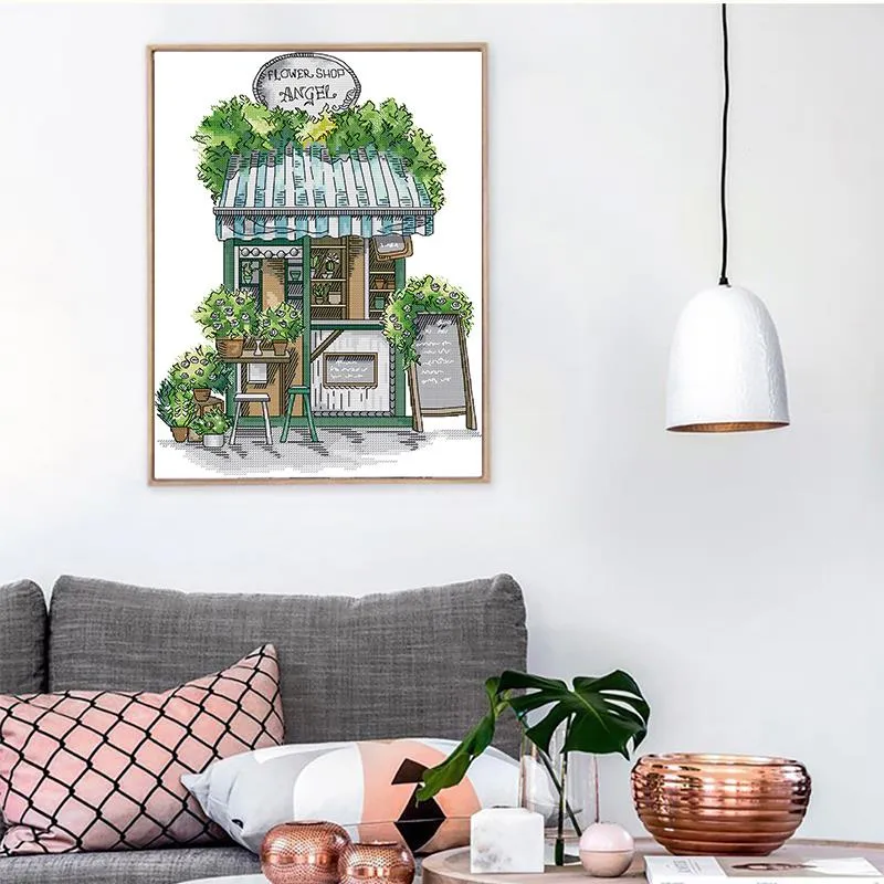 Green Flower Shop Scenery Pattern DIY Cross Stitch