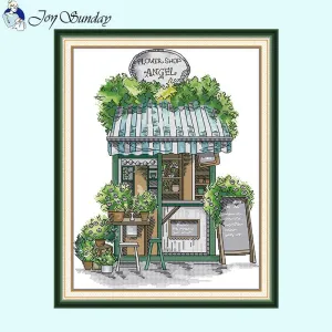 Green Flower Shop Scenery Pattern DIY Cross Stitch