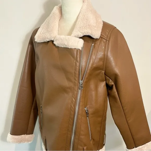 H&amp;M Divided Brown Vegan Leather Shearling Faux Fur Oversized Moto Biker Jacket