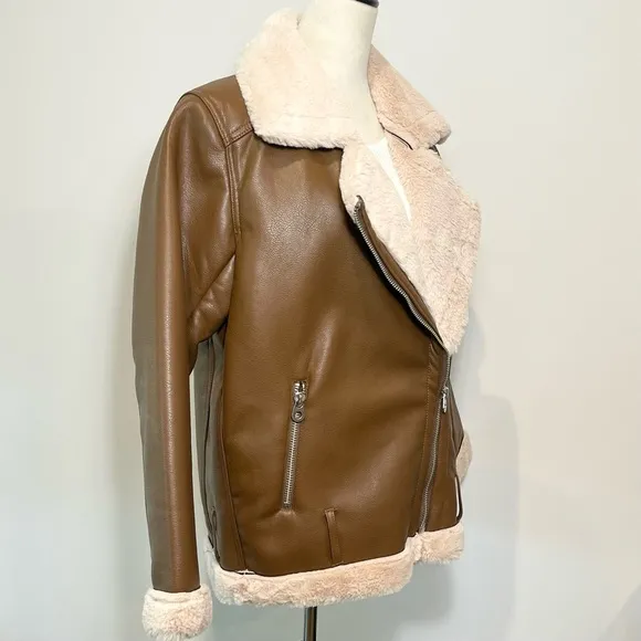 H&amp;M Divided Brown Vegan Leather Shearling Faux Fur Oversized Moto Biker Jacket