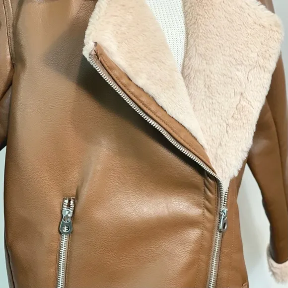 H&amp;M Divided Brown Vegan Leather Shearling Faux Fur Oversized Moto Biker Jacket