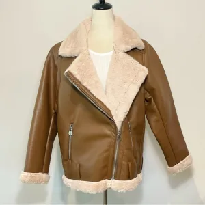H&amp;M Divided Brown Vegan Leather Shearling Faux Fur Oversized Moto Biker Jacket