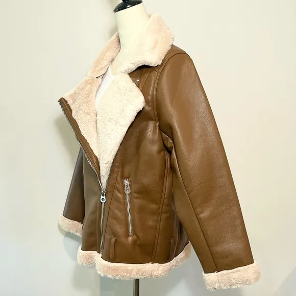 H&amp;M Divided Brown Vegan Leather Shearling Faux Fur Oversized Moto Biker Jacket