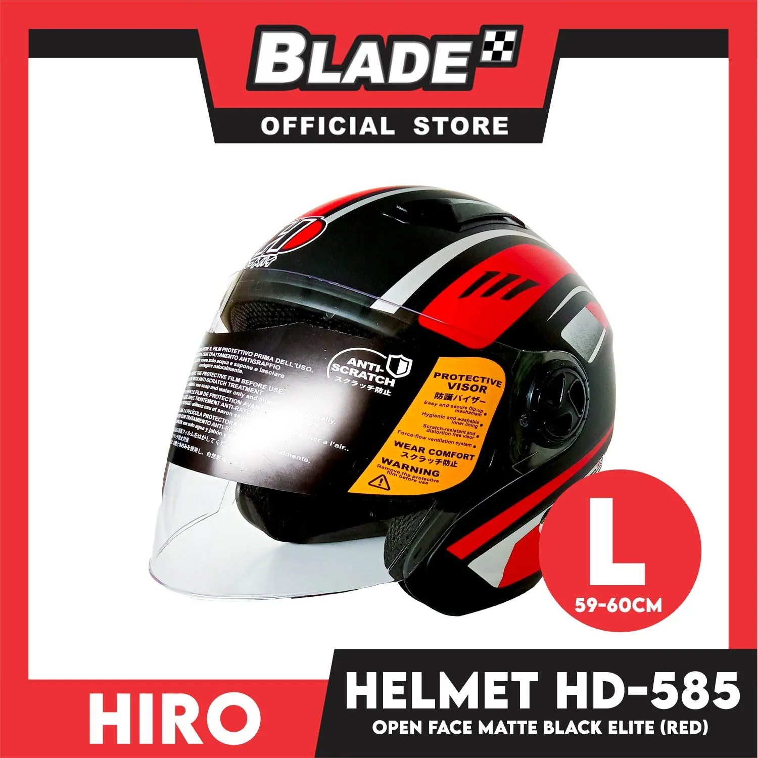 HIRO Helmet OF (Large) HD-585 Matte Black Elite Red Color (Open Face, Half Face)