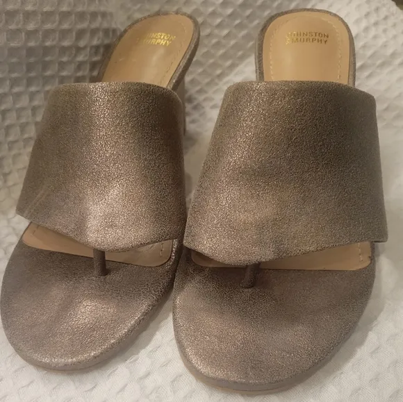 JOHNSTON MURPHY women thick heeled thong sparkle gray dressy sandals 8.5 M