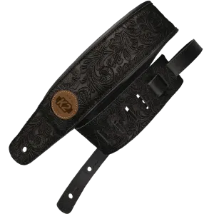 K2 Black Garment Leather 3" Guitar Strap - Floral Design