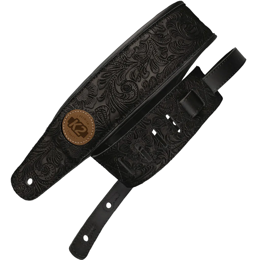 K2 Black Garment Leather 3" Guitar Strap - Floral Design