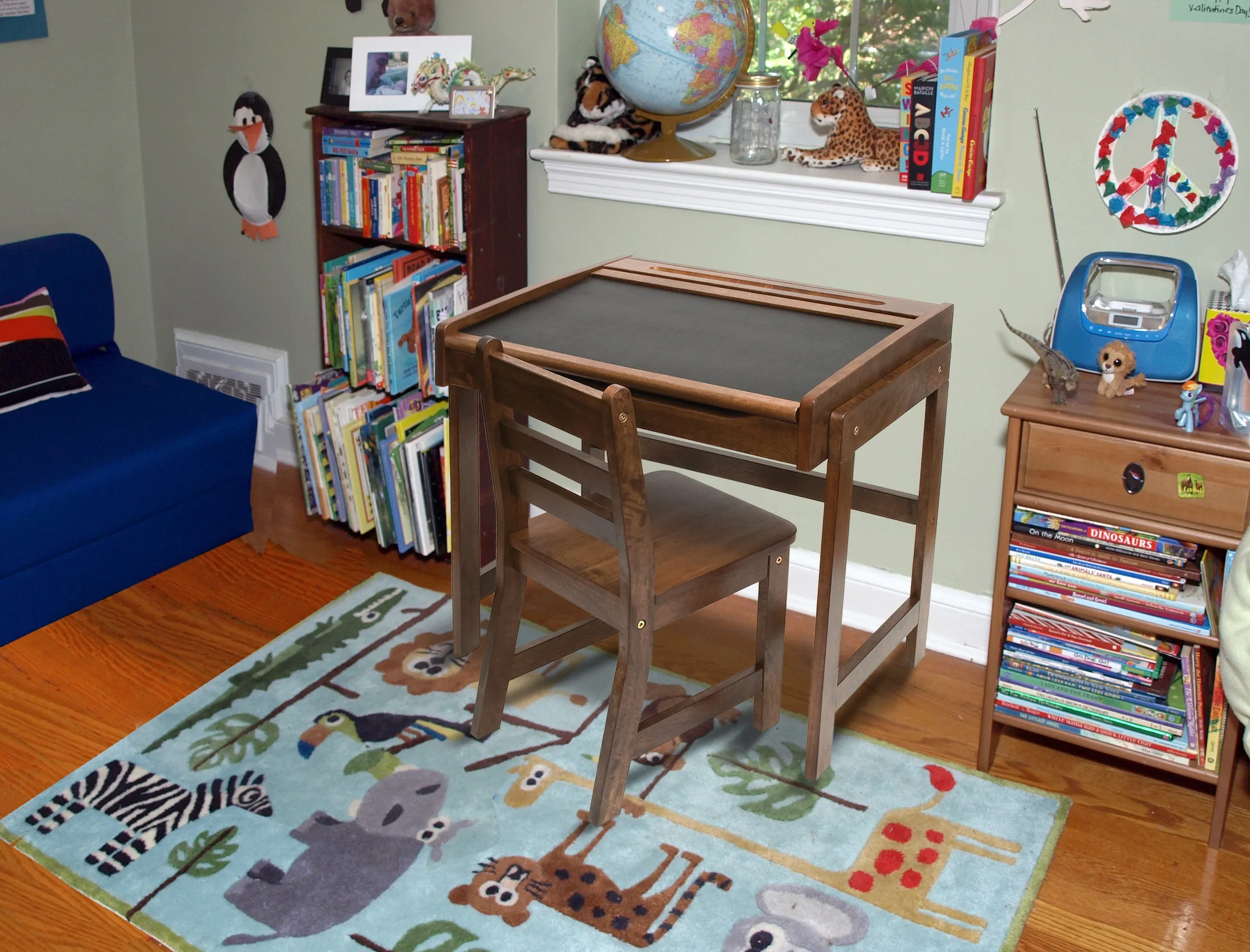 Kids Chalkboard Desk & Chair, Walnut Finish