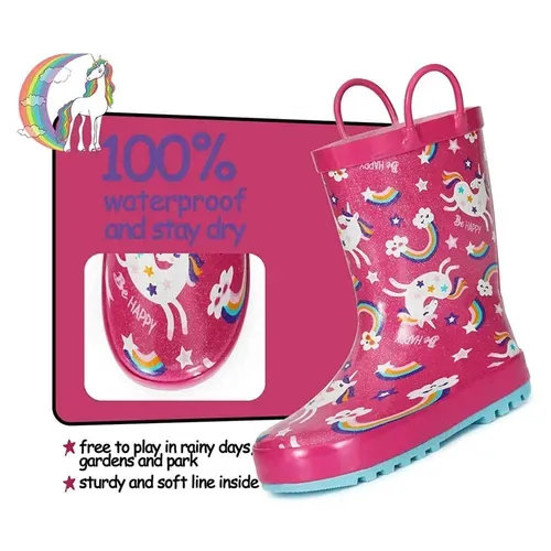 Kids Rain Boots for Girls Pink Unicorn - Kkomforme