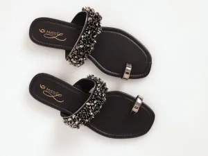 Ladies Beaded Party Toe-Post Sandal - Gunmetal