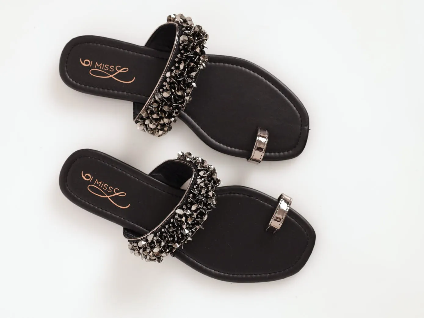 Ladies Beaded Party Toe-Post Sandal - Gunmetal