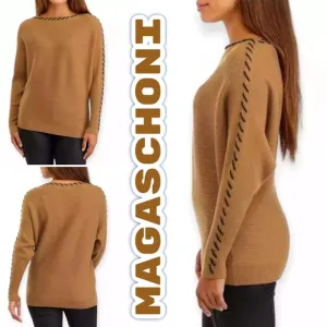 MAGASCHONI Ribbed Dolman Sweater Contrast Stitch Detail, Large