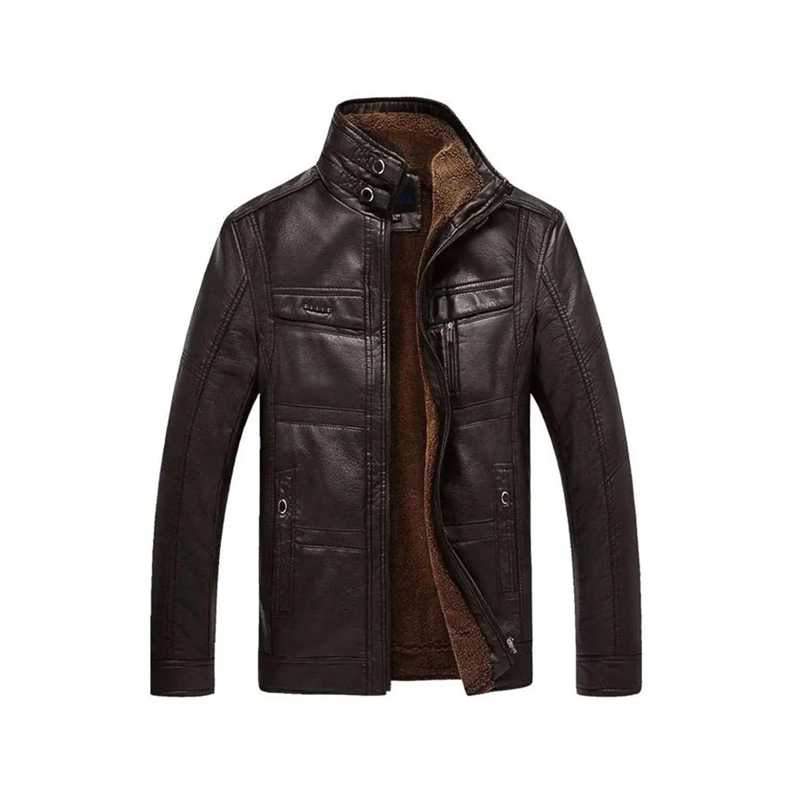 Men's Beast Genuine Leather Jacket with Shearling Lining & Stand-Up Collar