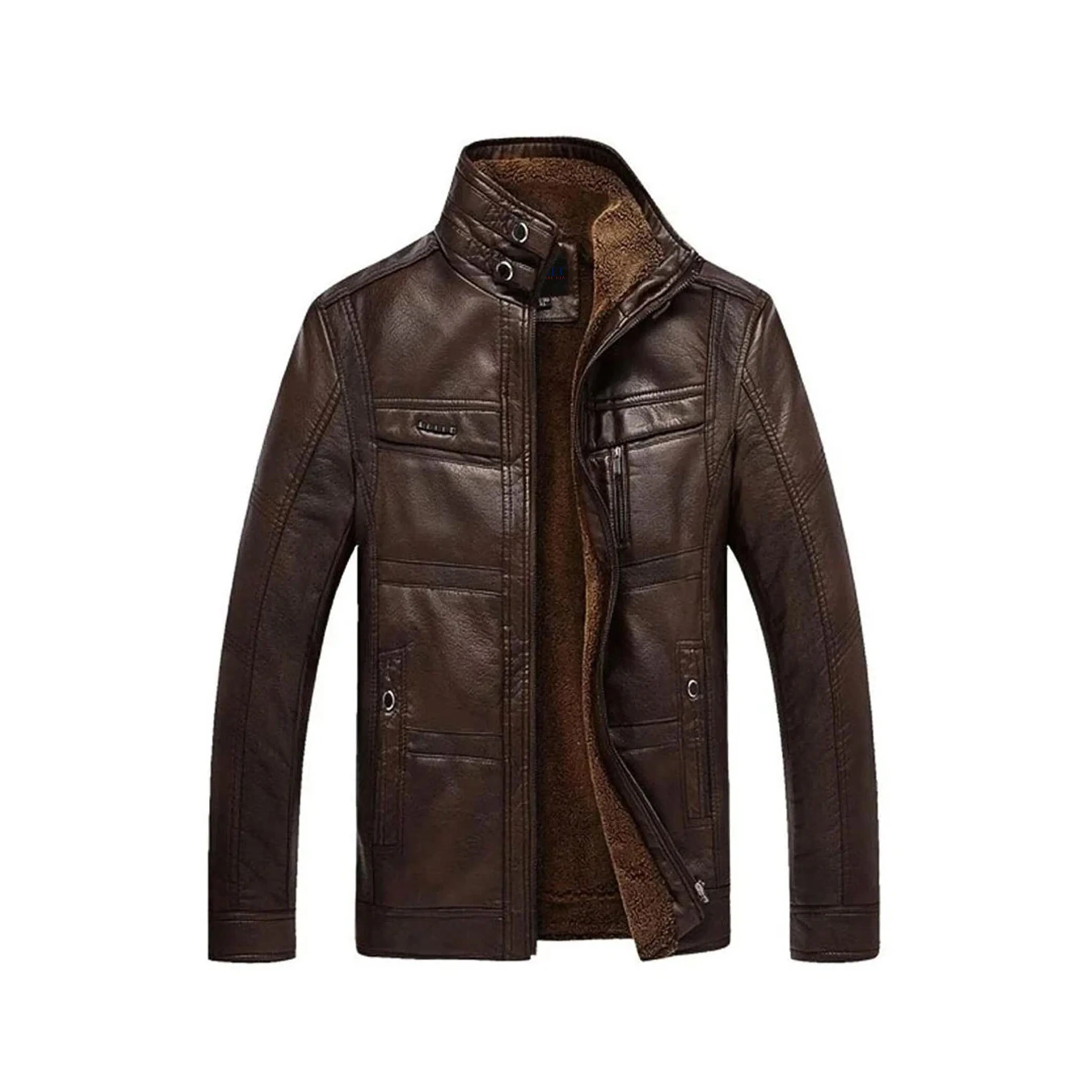 Men's Beast Genuine Leather Jacket with Shearling Lining & Stand-Up Collar