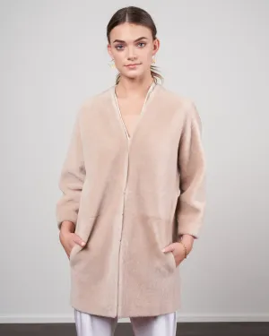 merino v-neck short shearling cardigan - beige
