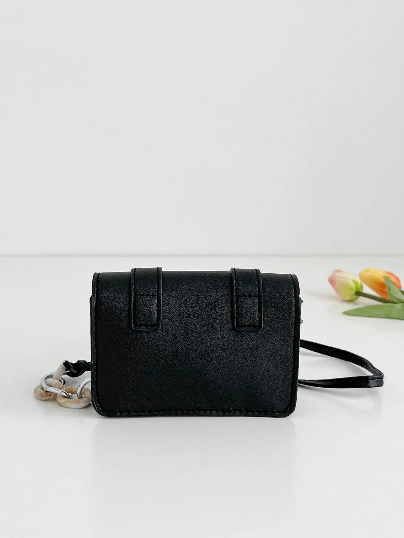 Mini Buckle Detail Stitch Detail Square Bag - Black