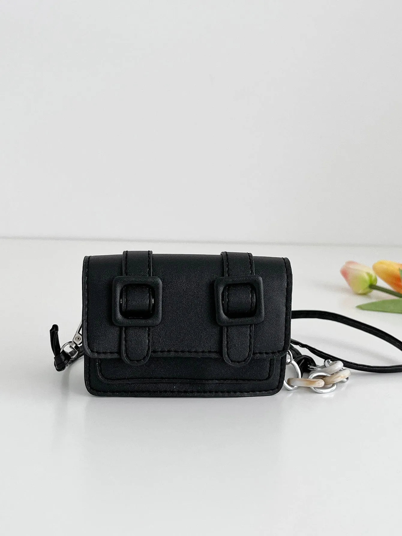 Mini Buckle Detail Stitch Detail Square Bag - Black
