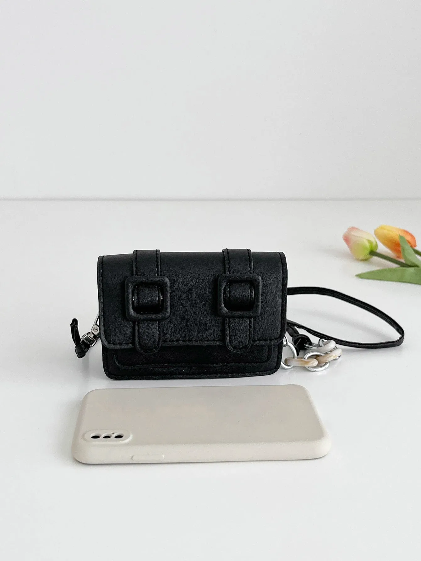 Mini Buckle Detail Stitch Detail Square Bag - Black