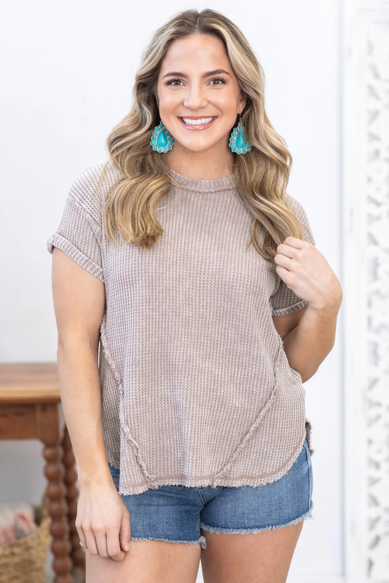 Mocha Washed Waffle Stitch Detail Knit Top