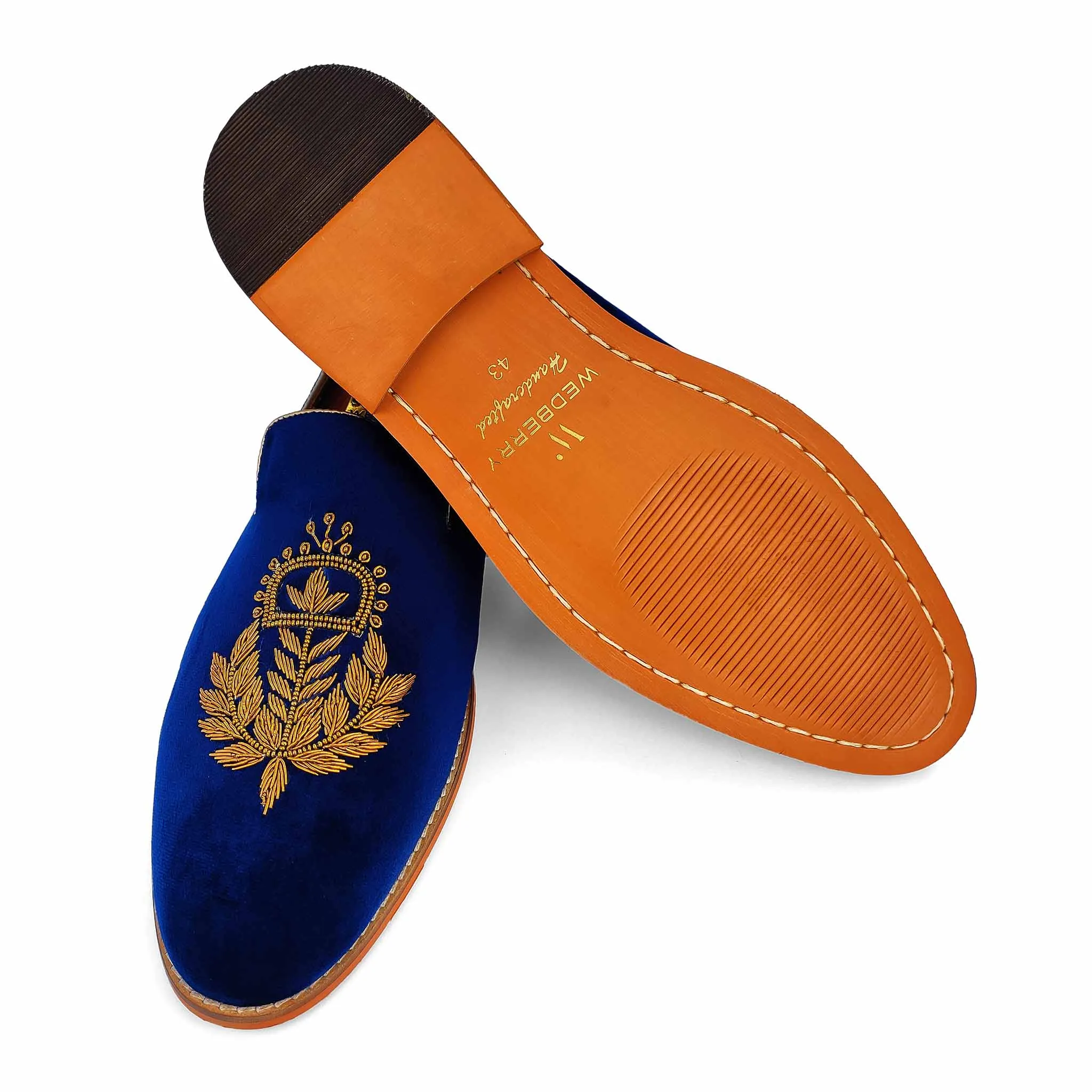 Navy Blue Velvet Antique Gold Zardozi Handwork Wedding Ethnic Shoes Party Loafers for Men