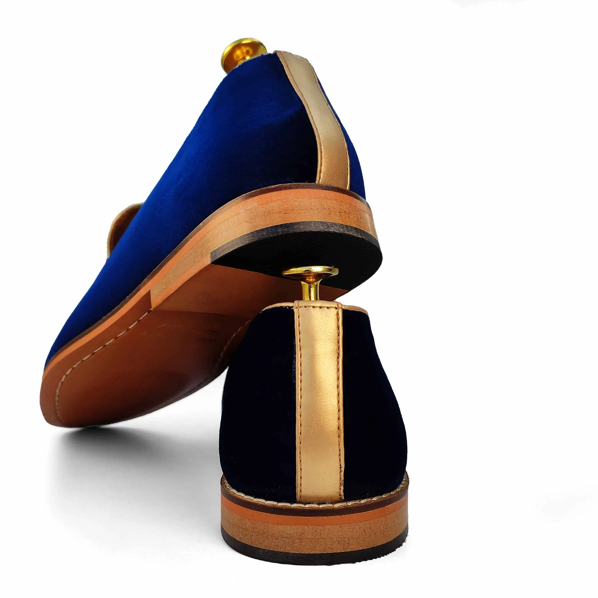 Navy Blue Velvet Antique Gold Zardozi Handwork Wedding Ethnic Shoes Party Loafers for Men
