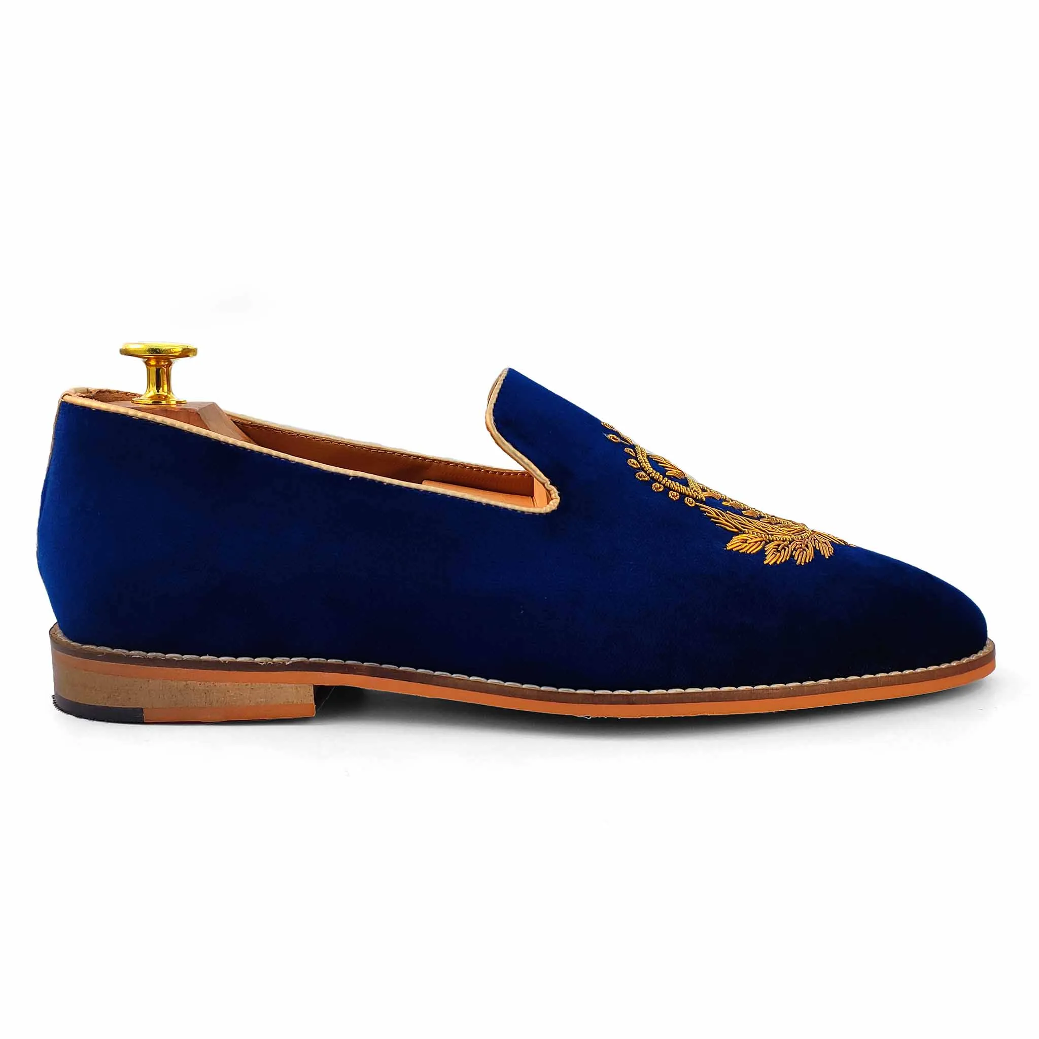 Navy Blue Velvet Antique Gold Zardozi Handwork Wedding Ethnic Shoes Party Loafers for Men