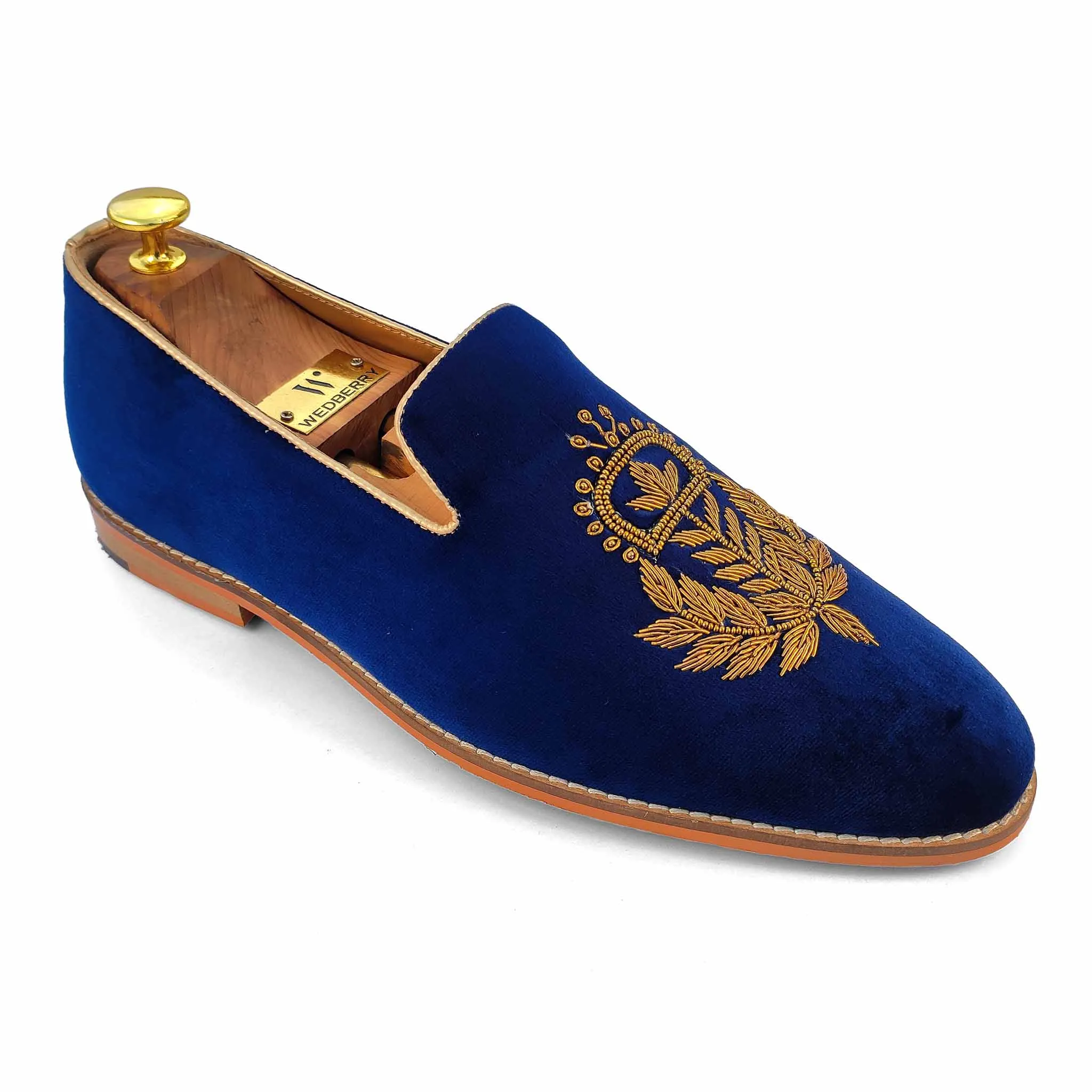 Navy Blue Velvet Antique Gold Zardozi Handwork Wedding Ethnic Shoes Party Loafers for Men