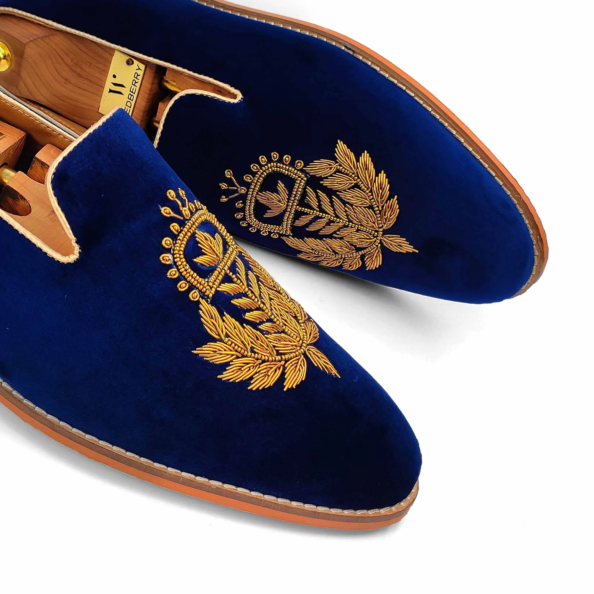 Navy Blue Velvet Antique Gold Zardozi Handwork Wedding Ethnic Shoes Party Loafers for Men