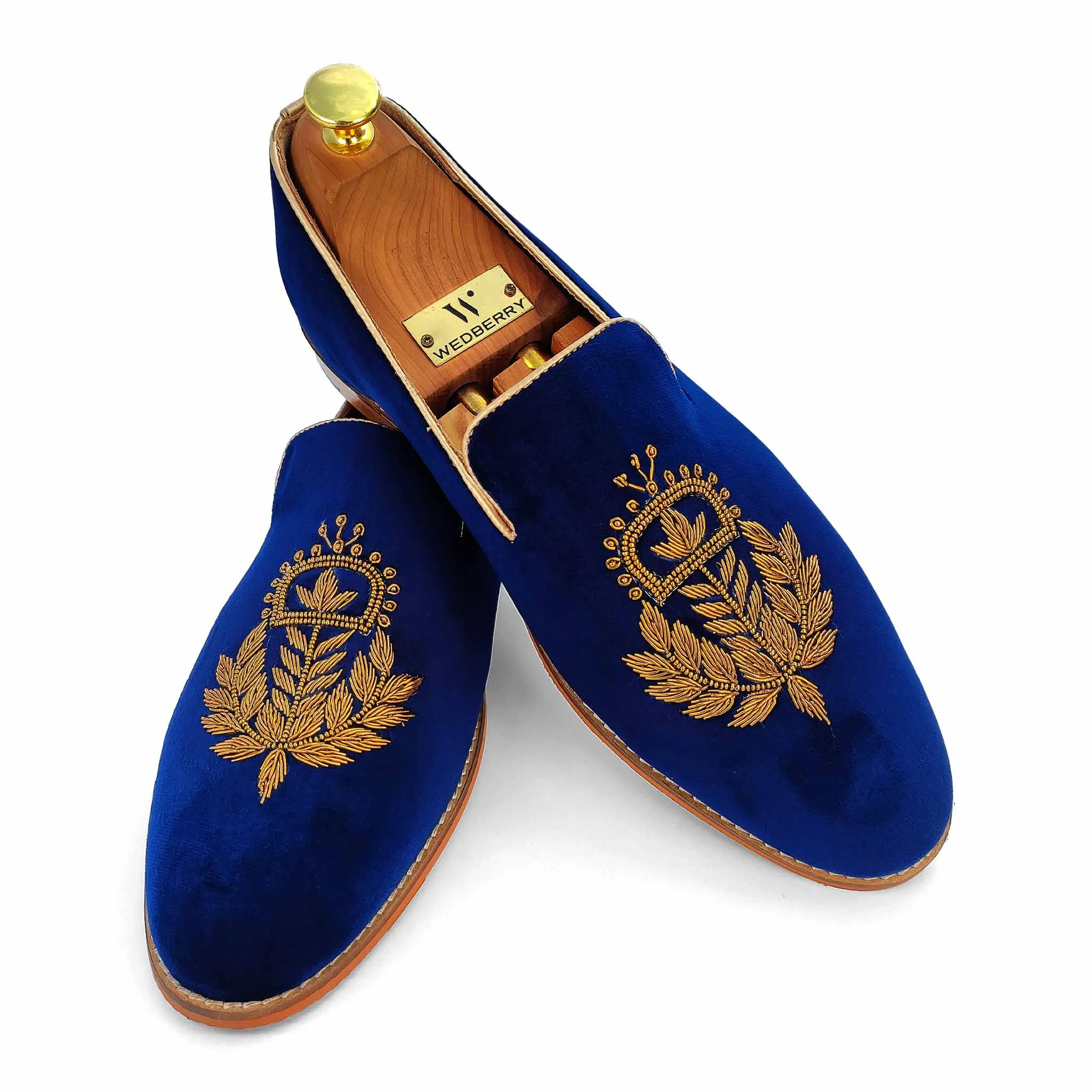 Navy Blue Velvet Antique Gold Zardozi Handwork Wedding Ethnic Shoes Party Loafers for Men