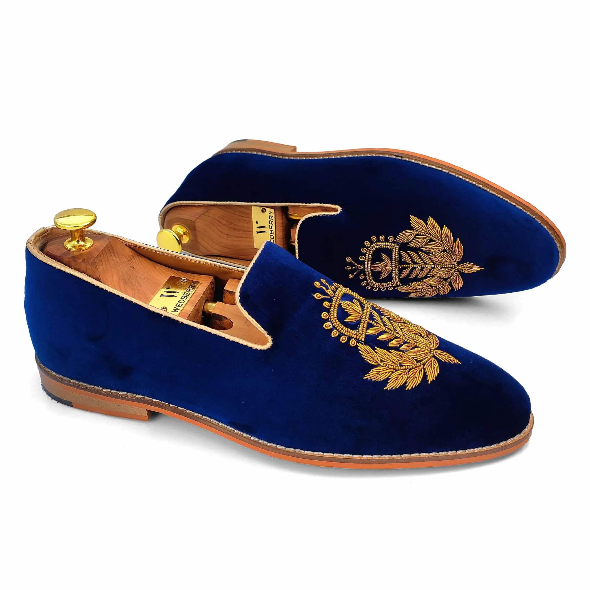 Navy Blue Velvet Antique Gold Zardozi Handwork Wedding Ethnic Shoes Party Loafers for Men