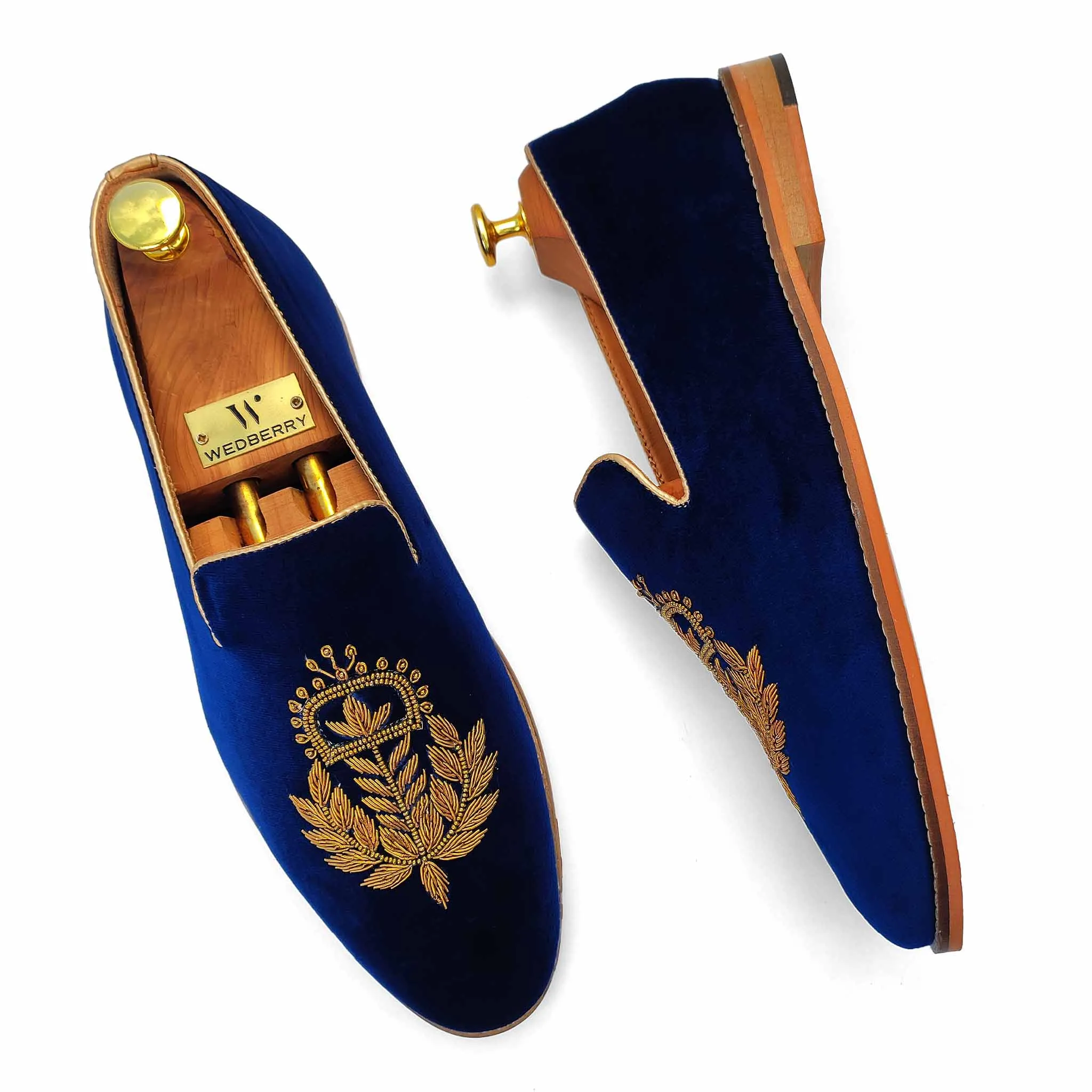 Navy Blue Velvet Antique Gold Zardozi Handwork Wedding Ethnic Shoes Party Loafers for Men