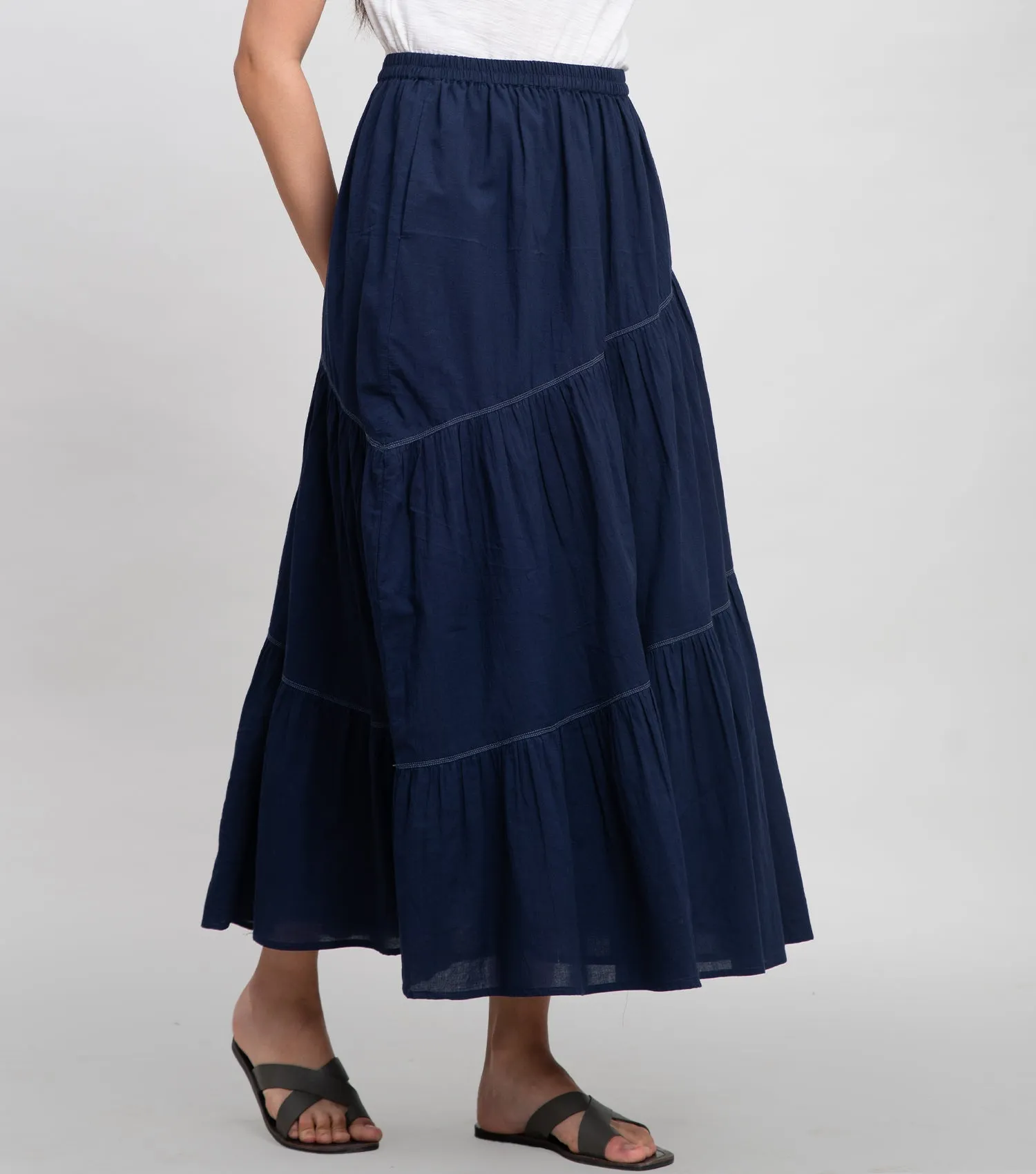 Navy Cotton Skirt with Thread Stitch Line Detail