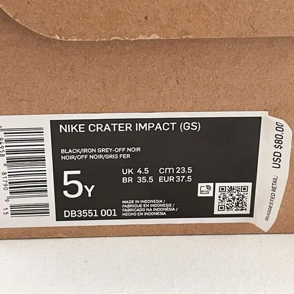 Nike Crater Impact Sneaker Black/ Grey/ Off Noir Size 5 Youth New In Box
