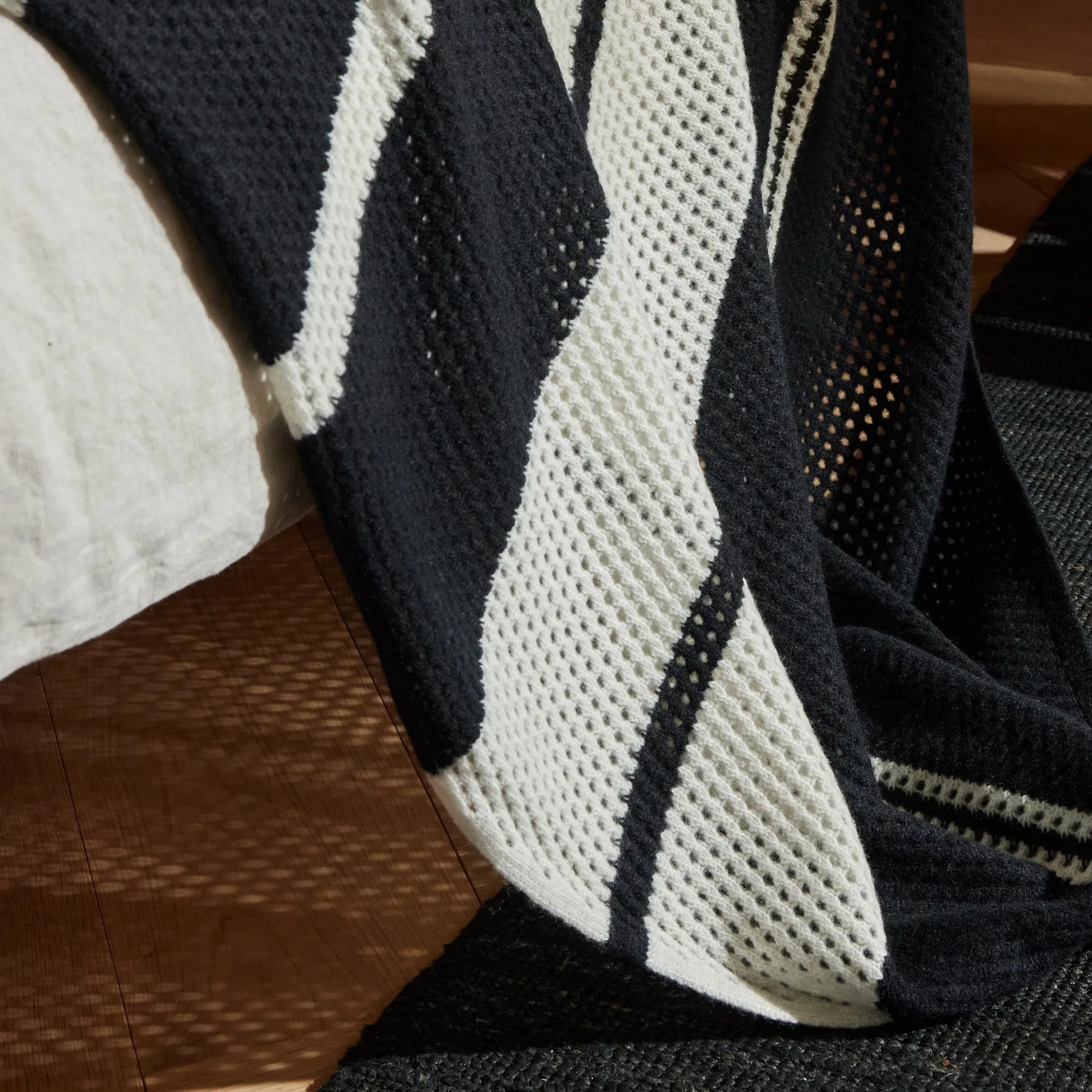Open Knit Striped Blanket - Black/Ivory