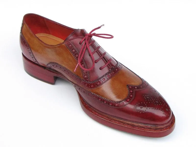 Paul Parkman Men's Leather Wingtip Brogues in Camel & Bordeaux