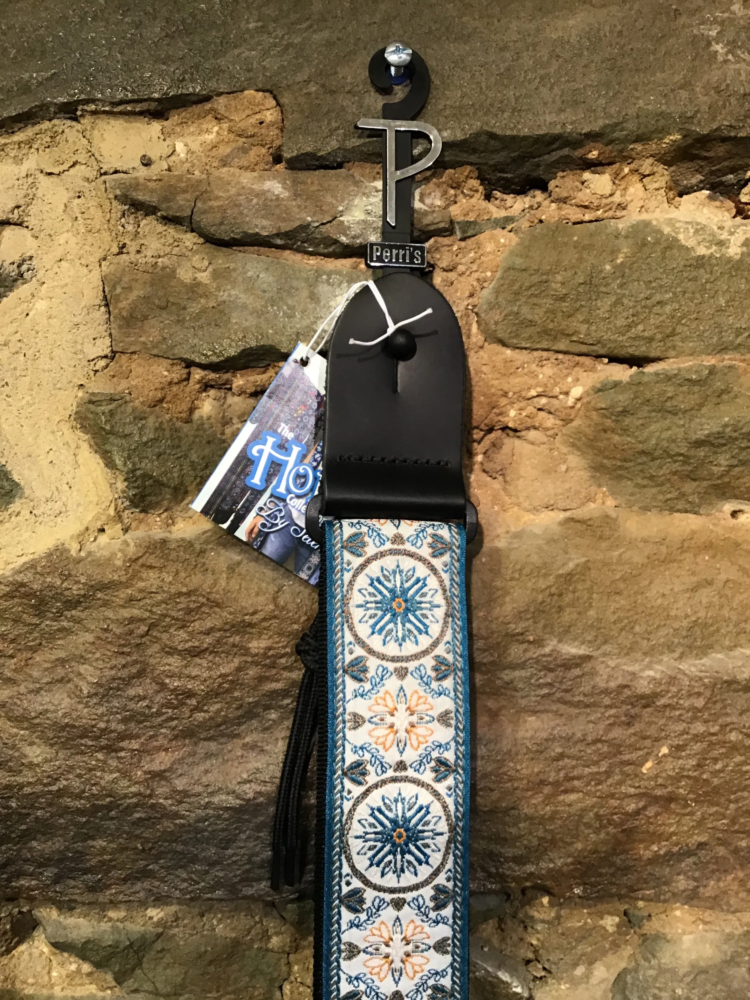 Perri’s Leathers 2” Jacquard ribbon, turquoise and orange print guitar strap