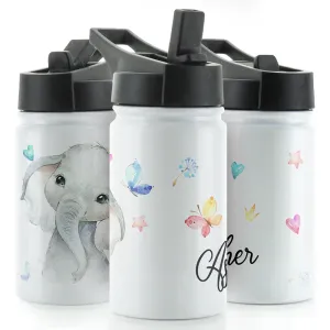 Personalised Elephant Hearts Star and Name White Sports Flask