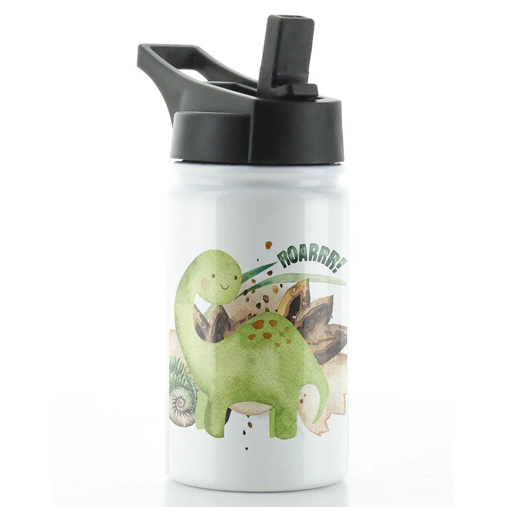 Personalised Green Diplodocus and Name White Sports Flask