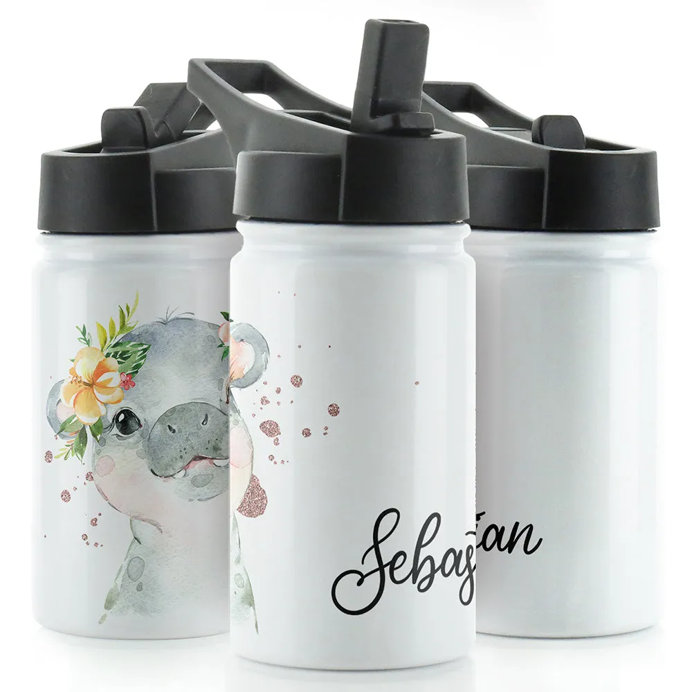 Personalised Hippo Rain Drop and Name White Sports Flask